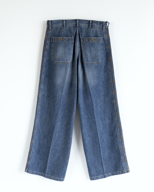 DENIM EMBROIDERY SIDE PANEL WIDE TROUSERS - WASHED INDIGO