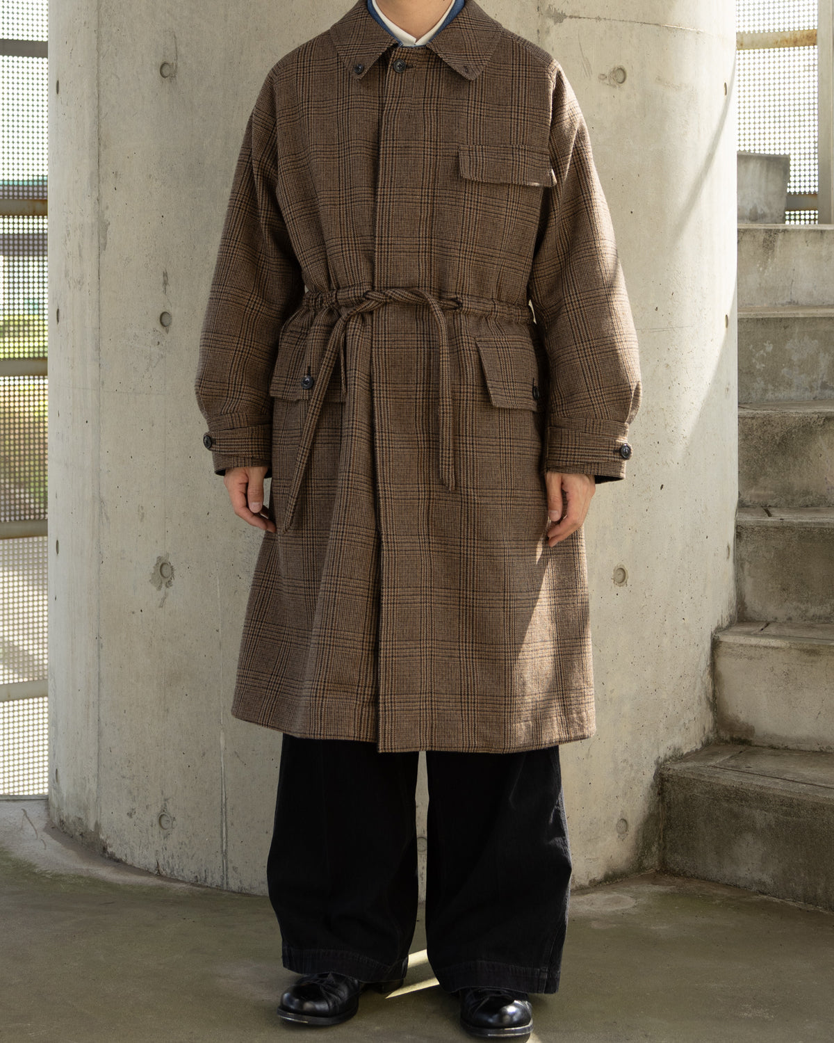 MASTER SHILD COTTON GABADINE / WO/NY TWEED REVERSIBLE HUNTING COAT - BLACK/BROWN CHECK