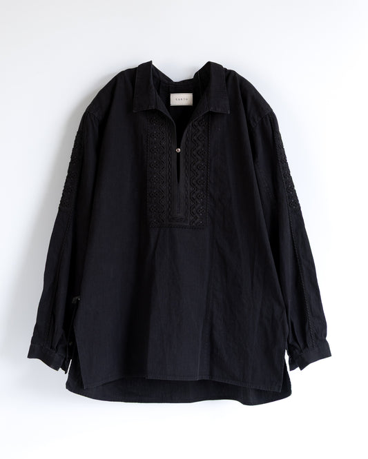 COTTON CHAMBRAY EMBROIDERY SKIPPER SHIRT - BLACK
