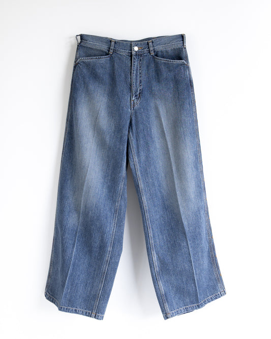 DENIM EMBROIDERY SIDE PANEL WIDE TROUSERS - WASHED INDIGO