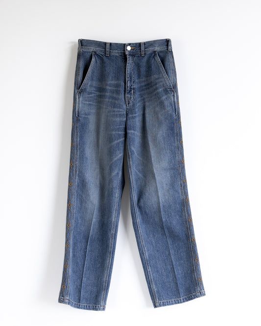 DENIM EMBROIDERY SIDE PANEL TROUSERS - WASHED INDIGO