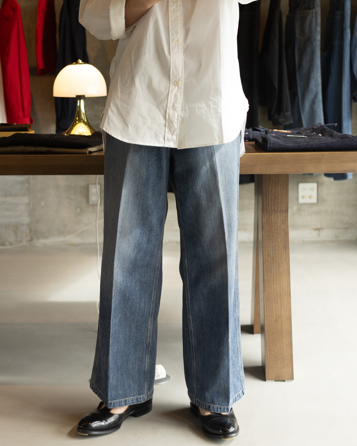 DENIM EMBROIDERY SIDE PANEL WIDE TROUSERS - WASHED INDIGO