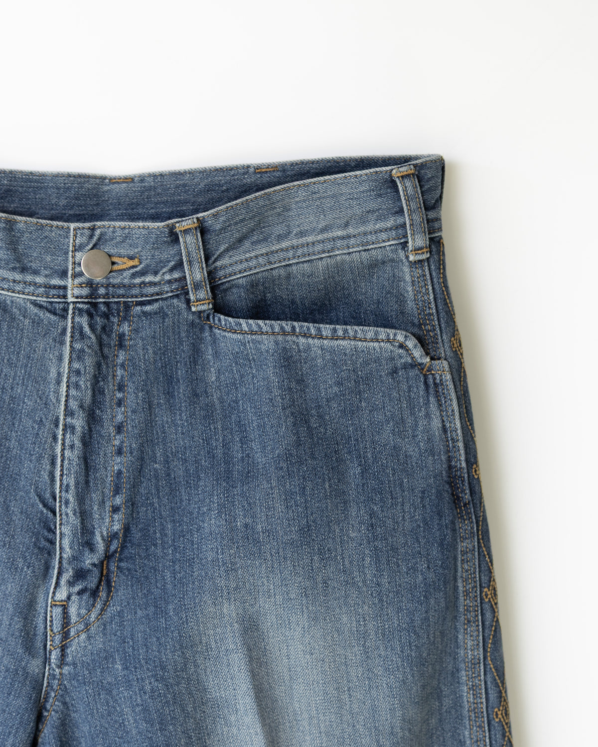 DENIM EMBROIDERY SIDE PANEL WIDE TROUSERS - WASHED INDIGO