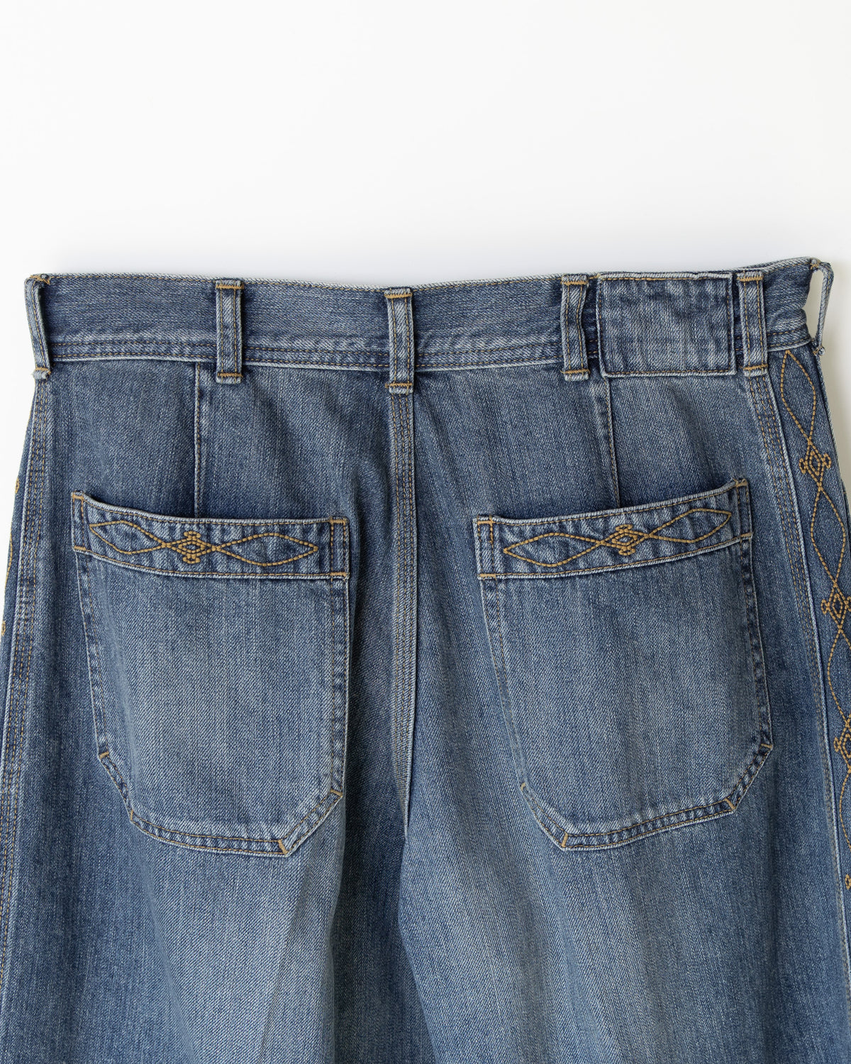 DENIM EMBROIDERY SIDE PANEL WIDE TROUSERS - WASHED INDIGO