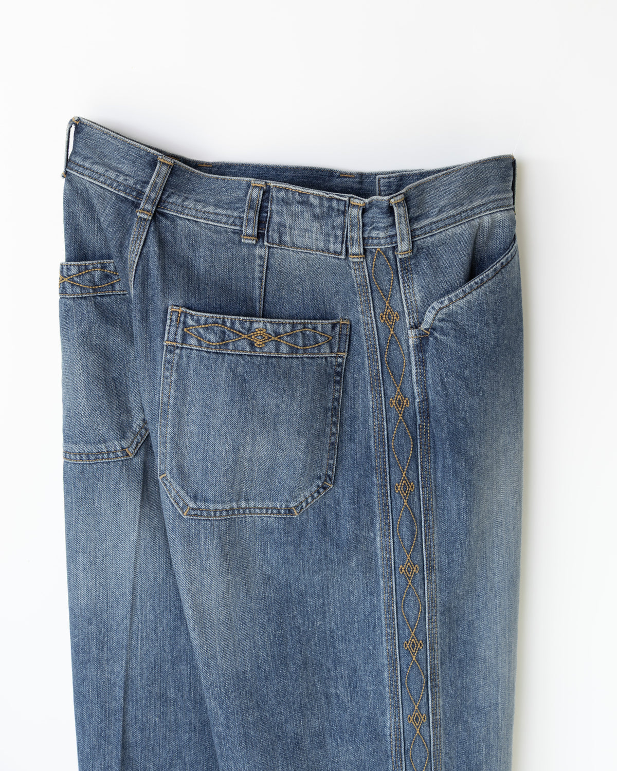 DENIM EMBROIDERY SIDE PANEL WIDE TROUSERS - WASHED INDIGO