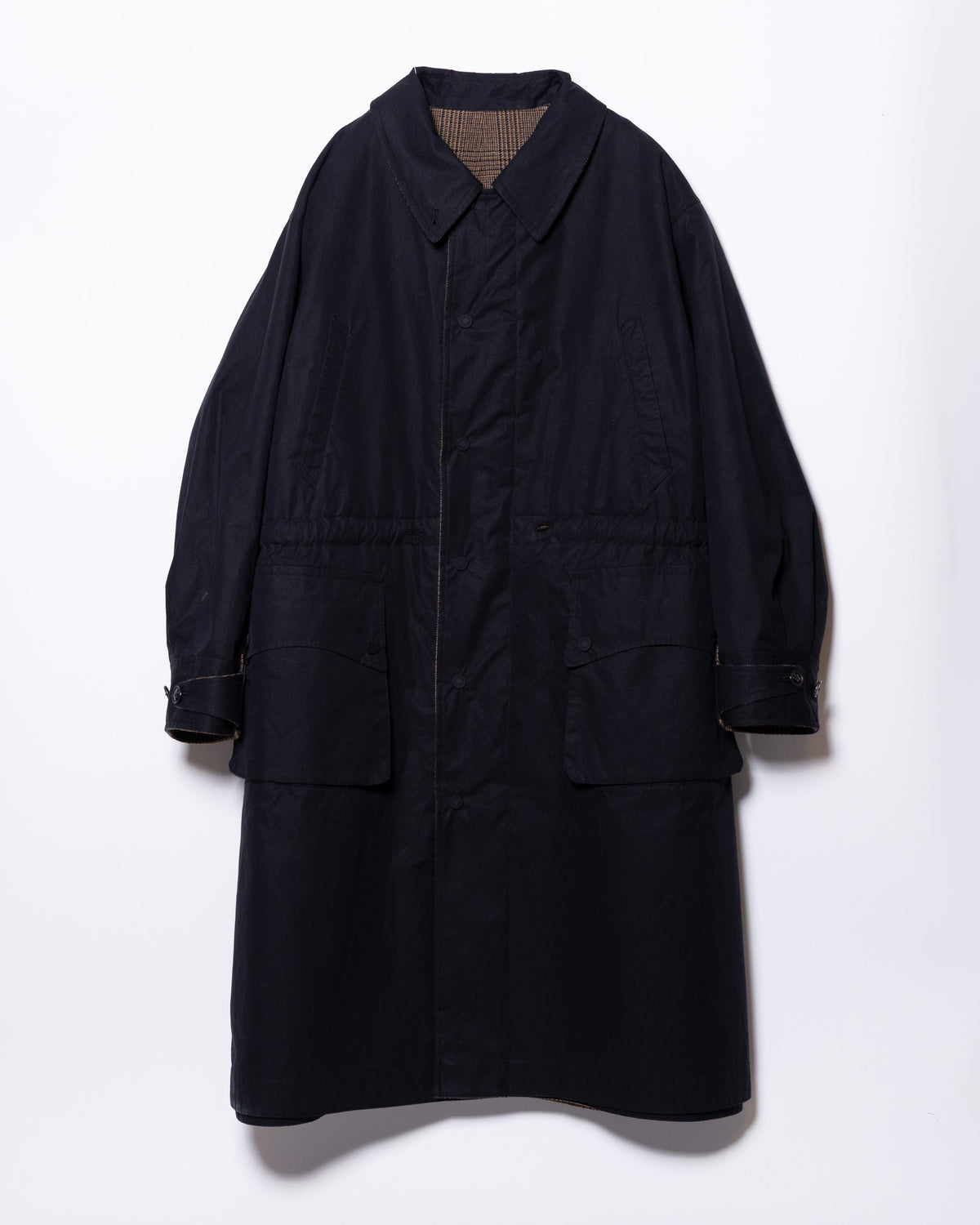 MASTER SHILD COTTON GABADINE / WO/NY TWEED REVERSIBLE HUNTING COAT - BLACK/BROWN CHECK