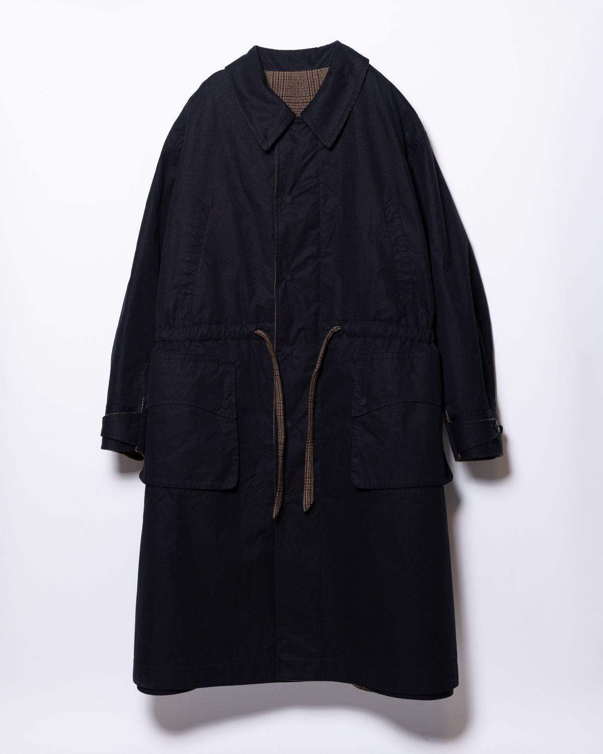 MASTER SHILD COTTON GABADINE / WO/NY TWEED REVERSIBLE HUNTING COAT - BLACK/BROWN CHECK