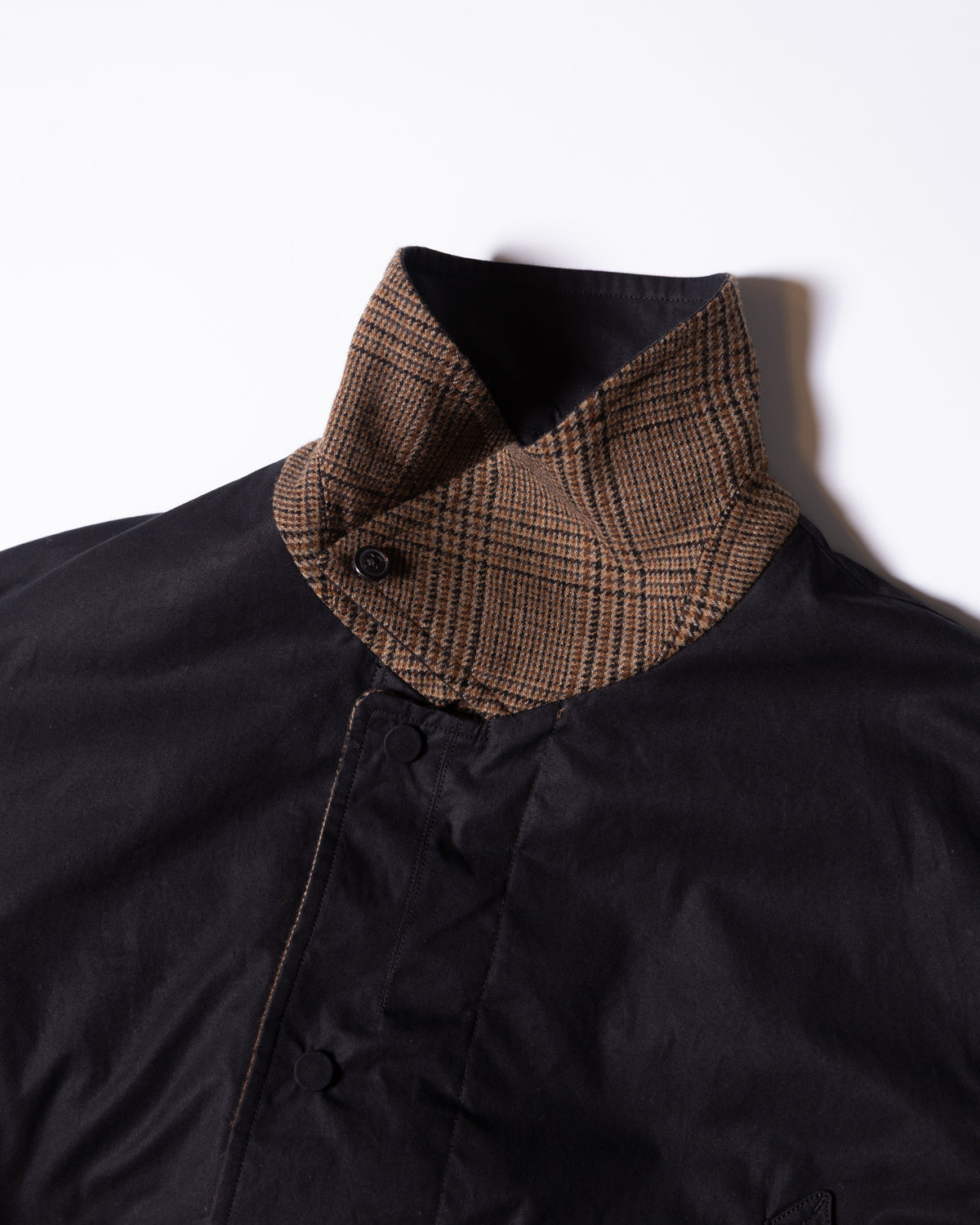 MASTER SHILD COTTON GABADINE / WO/NY TWEED REVERSIBLE HUNTING COAT - BLACK/BROWN CHECK