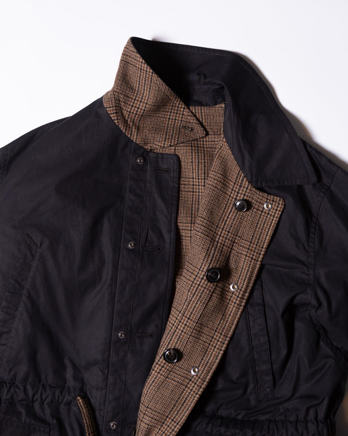MASTER SHILD COTTON GABADINE / WO/NY TWEED REVERSIBLE HUNTING COAT - BLACK/BROWN CHECK