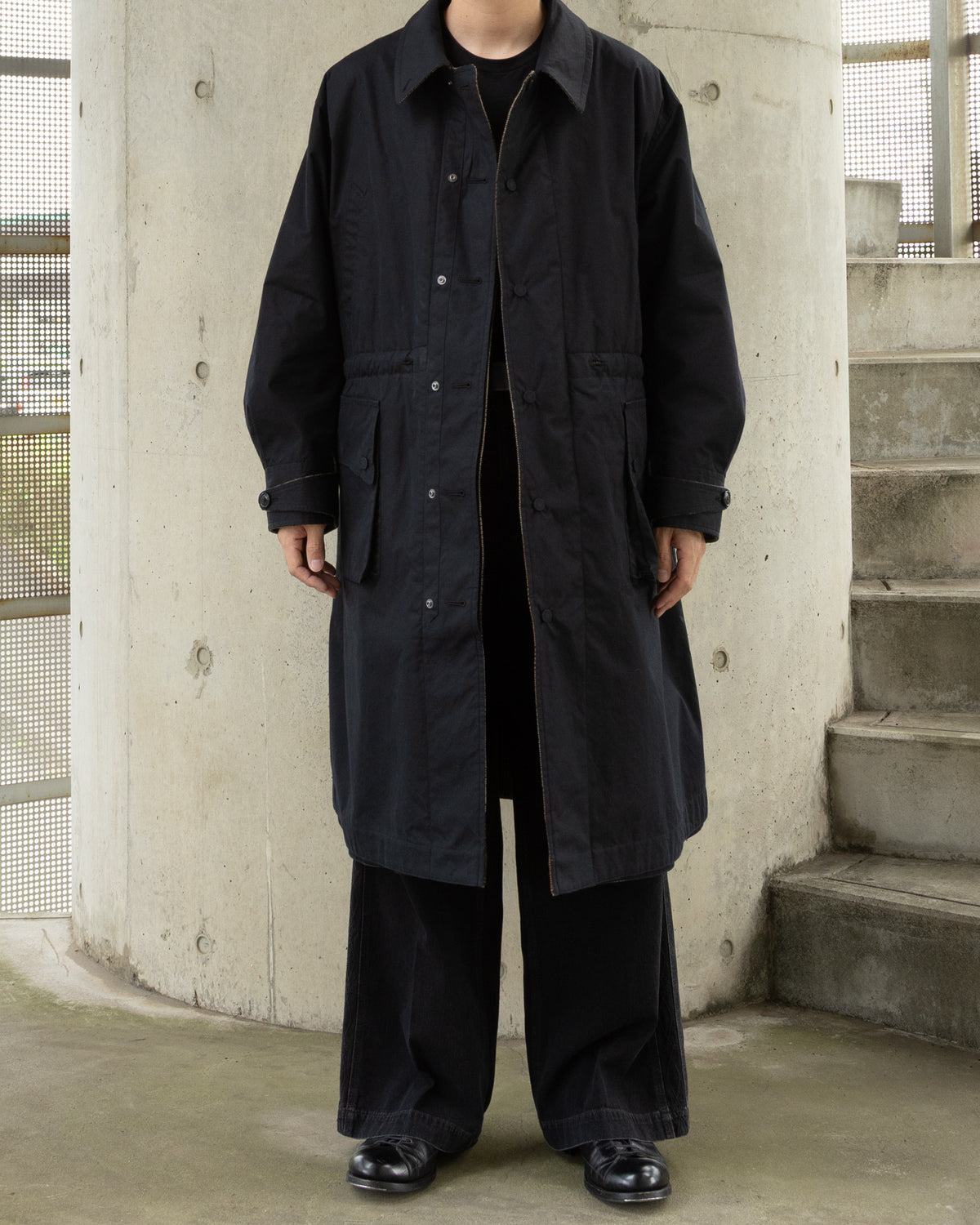 MASTER SHILD COTTON GABADINE / WO/NY TWEED REVERSIBLE HUNTING COAT - BLACK/BROWN CHECK