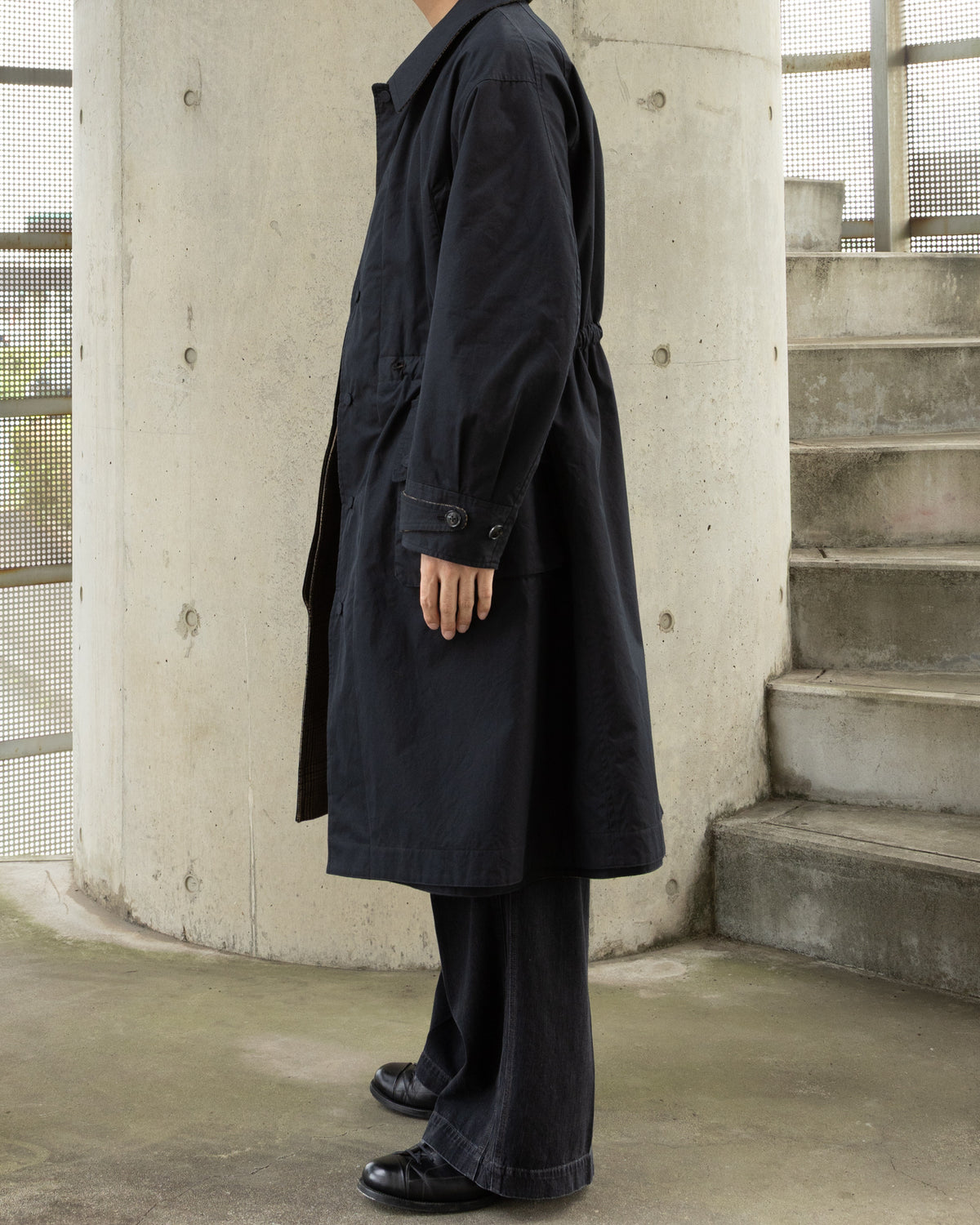 MASTER SHILD COTTON GABADINE / WO/NY TWEED REVERSIBLE HUNTING COAT - BLACK/BROWN CHECK
