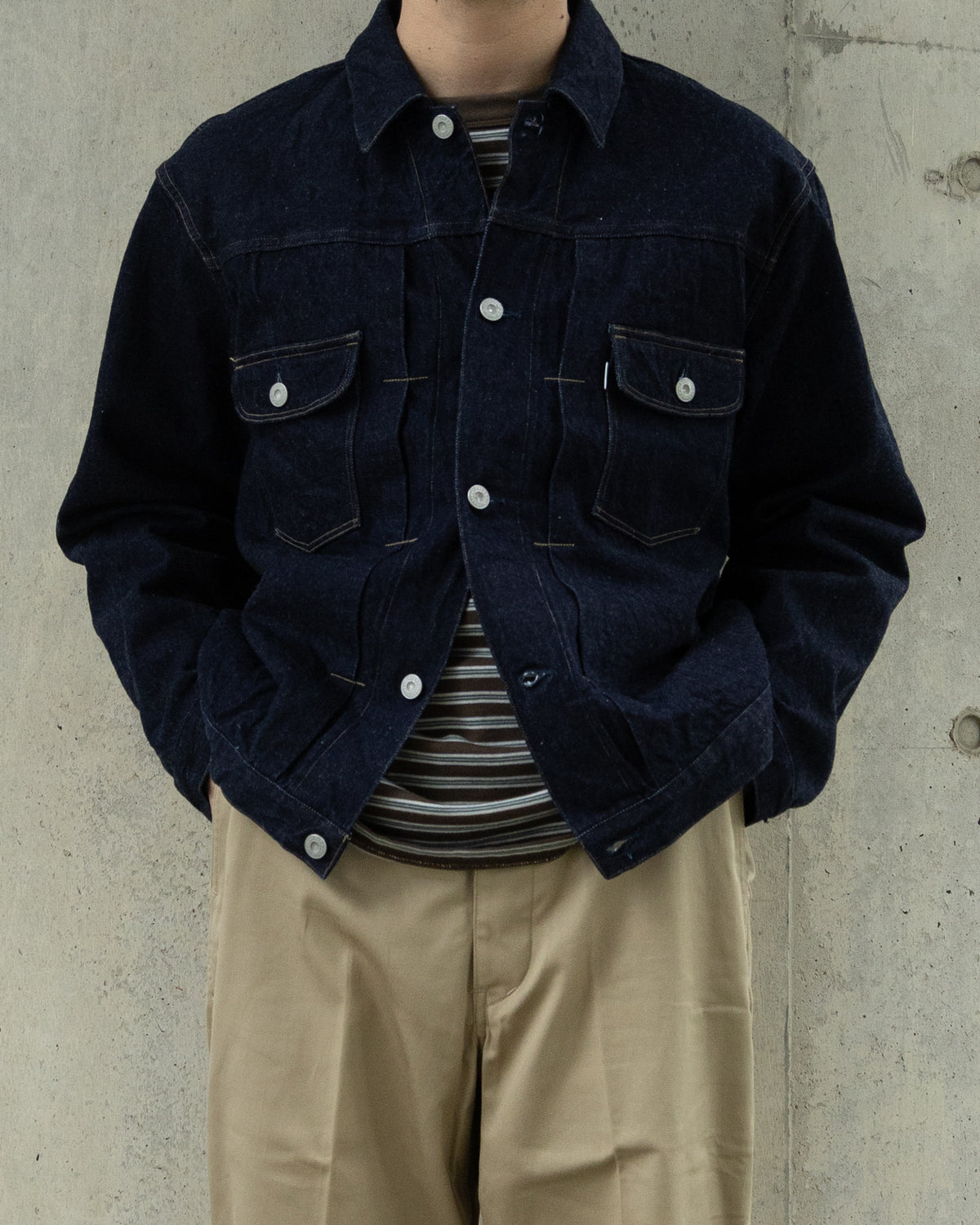 BORDER LONG SLEEVE TOP - STONE BROWN×GREEN