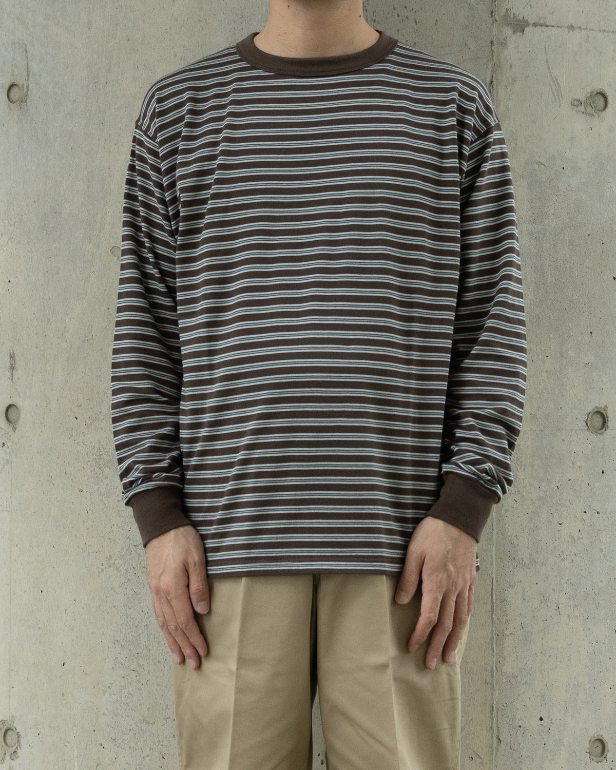 BORDER LONG SLEEVE TOP - STONE BROWN×GREEN