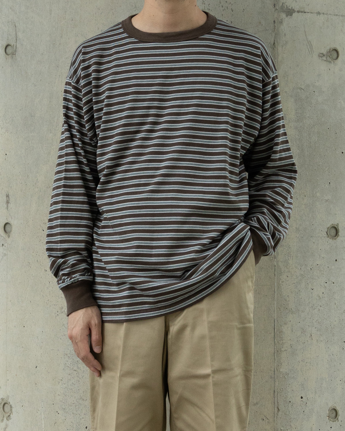 BORDER LONG SLEEVE TOP - STONE BROWN×GREEN