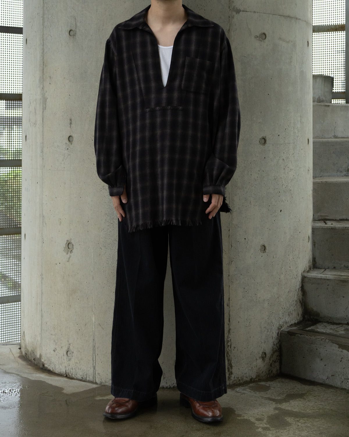 WOOL OMBRE CHECK LONG SKIPPER SHIRT - BLACK x DARK BROWN