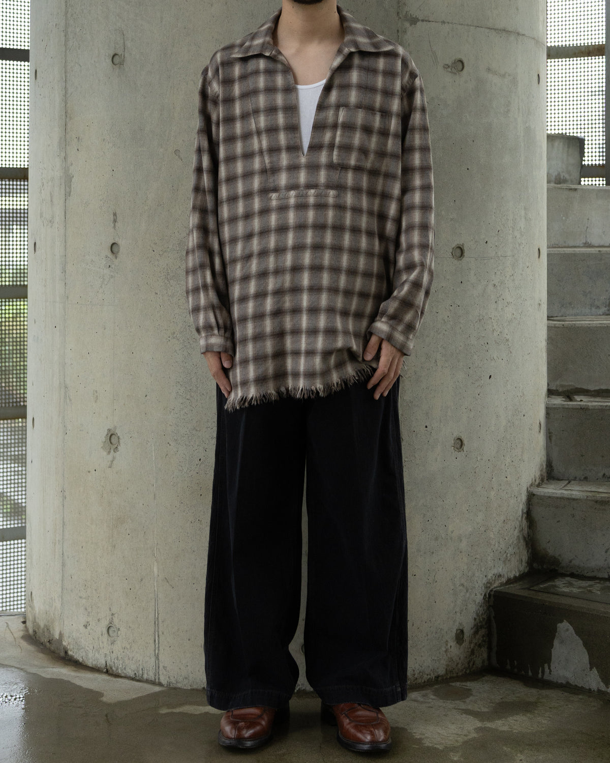 WOOL OMBRE CHECK LONG SKIPPER SHIRT - IVORY x BROWN