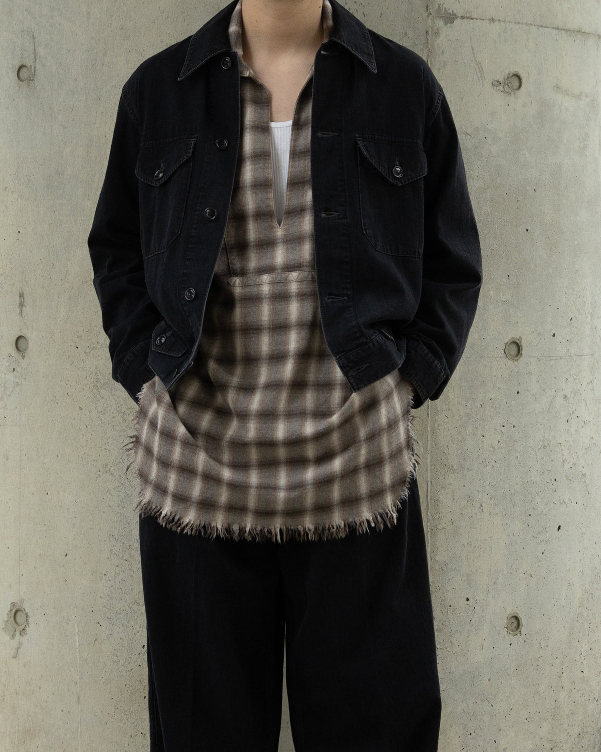 WOOL OMBRE CHECK LONG SKIPPER SHIRT - IVORY x BROWN