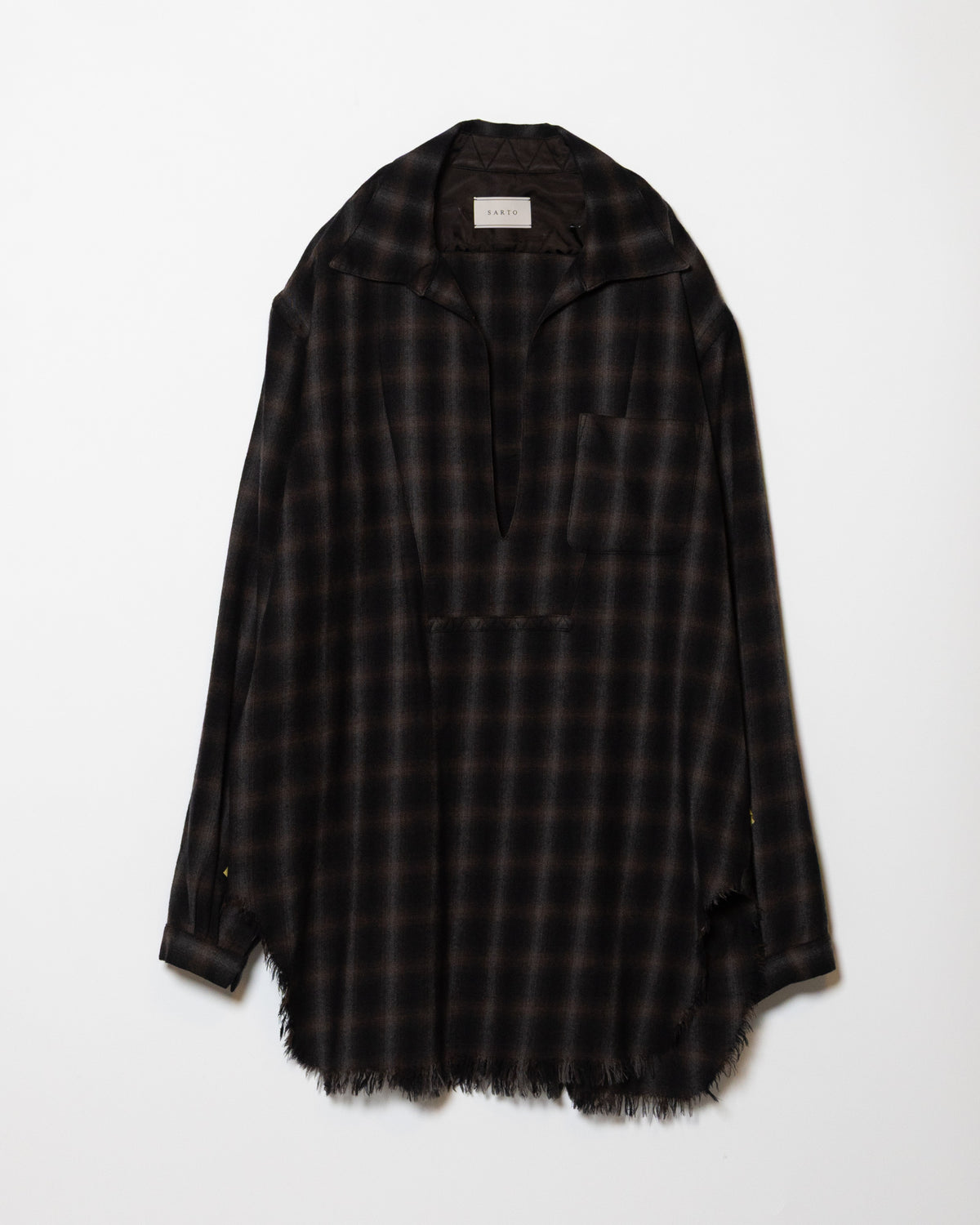 WOOL OMBRE CHECK LONG SKIPPER SHIRT - BLACK x DARK BROWN