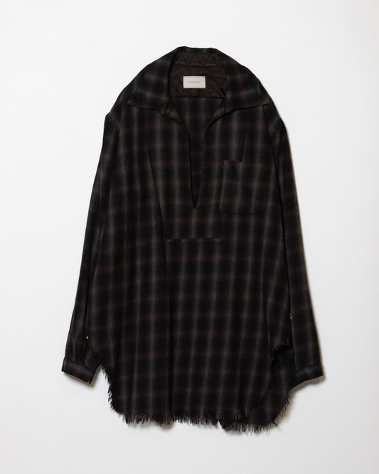 WOOL OMBRE CHECK LONG SKIPPER SHIRT - BLACK x DARK BROWN
