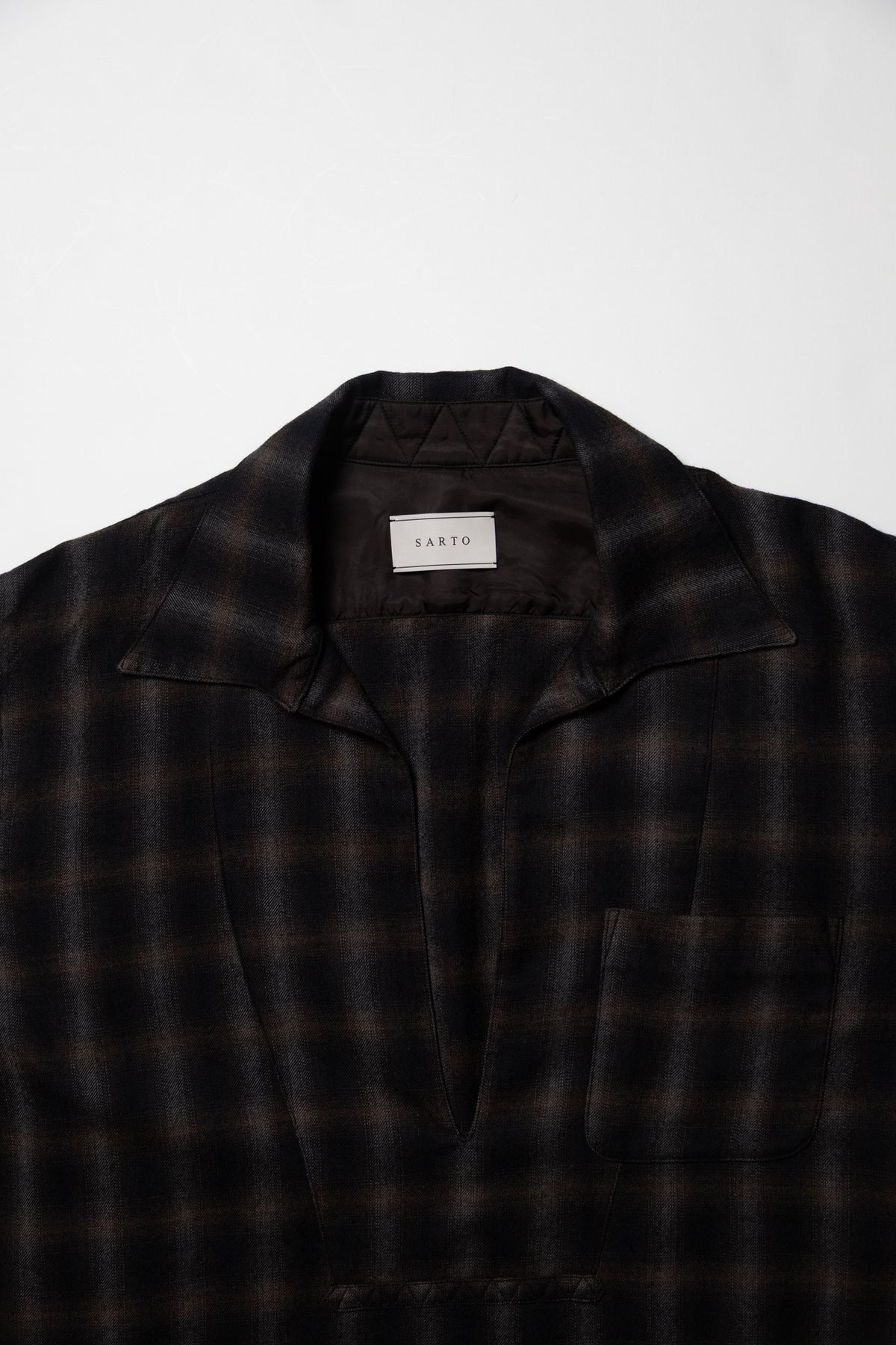 WOOL OMBRE CHECK LONG SKIPPER SHIRT - BLACK x DARK BROWN